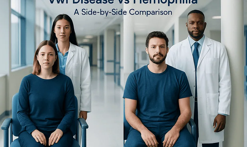 Medical professionals and patients in a hospital corridor for Vwf Disease vs Hemophilia comparison.