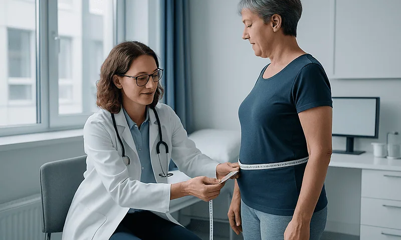 Doctor measuring woman's waist in a medical consultation room.