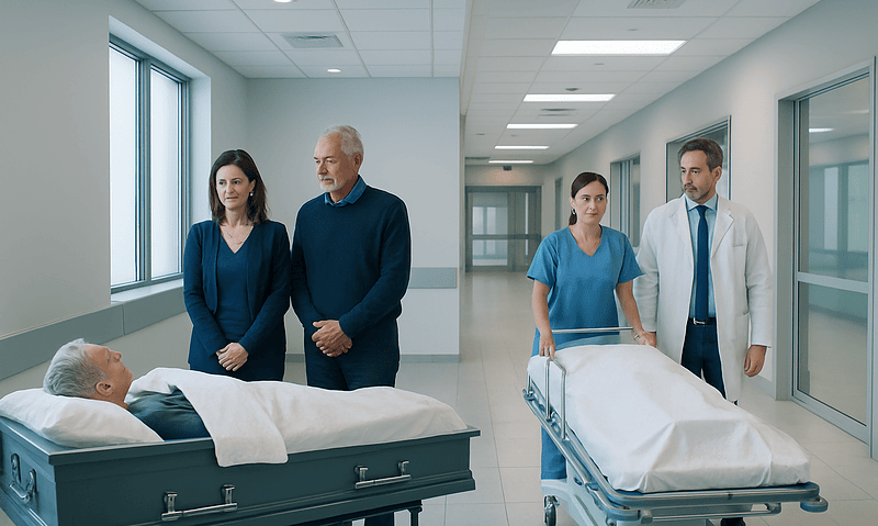 Hospital staff and visitors in a corridor with patient beds and medical staff.