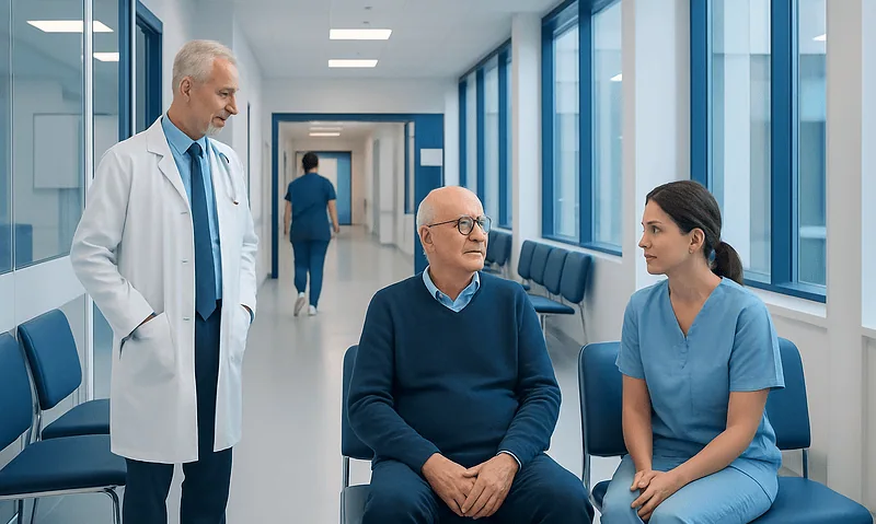 Waldenstrom's Treatment: How It Works, Results and What to Expect 14 Doctor talking to elderly patient and nurse in hospital corridor.