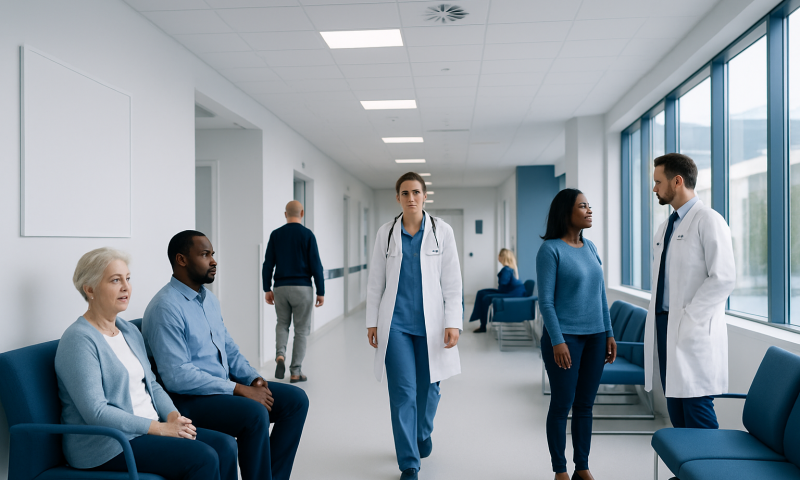 Medical professionals and patients in a hospital corridor.