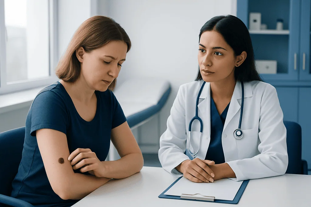Doctor consulting with a patient about a mole in a medical office.