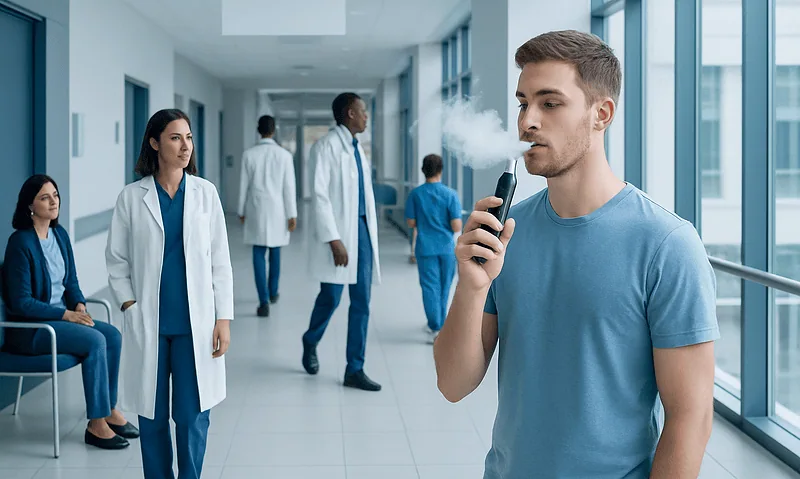 Young man vaping in hospital corridor with medical staff nearby.