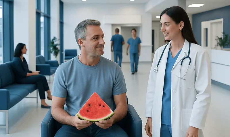Health Library 5 Patient holding watermelon slice in hospital lobby with doctor.