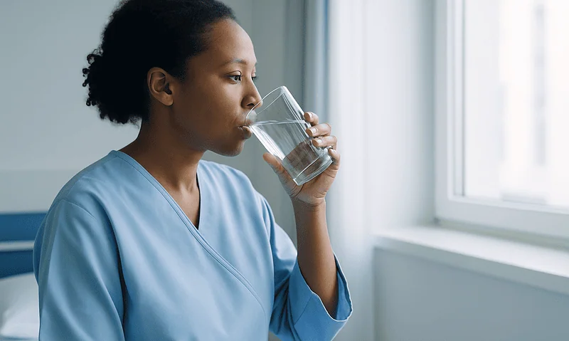 Woman in medical scrubs drinking water in a hospital room.