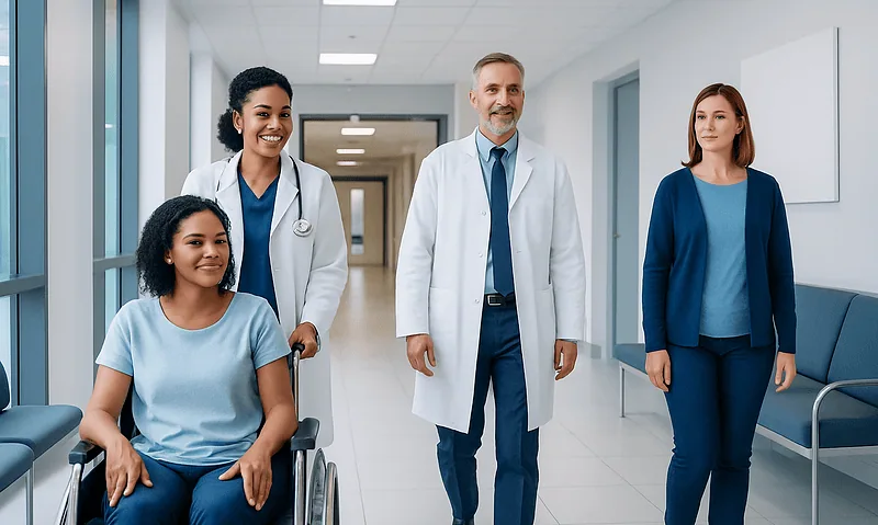 Medical team with patient in hospital corridor at Acibadem Hospitals Group.