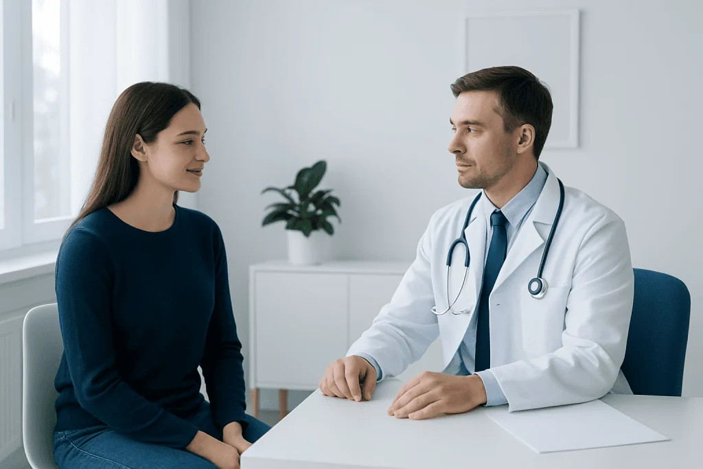 Doctor consulting with a young woman in a medical office setting.
