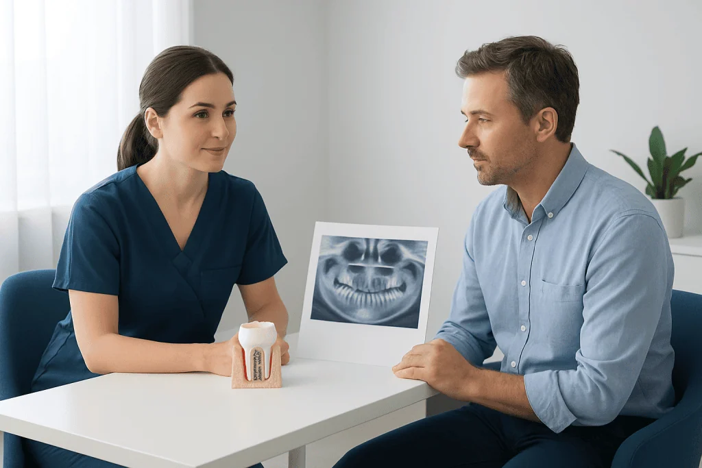 Dentist explaining dental implant options to patient with X-ray image.