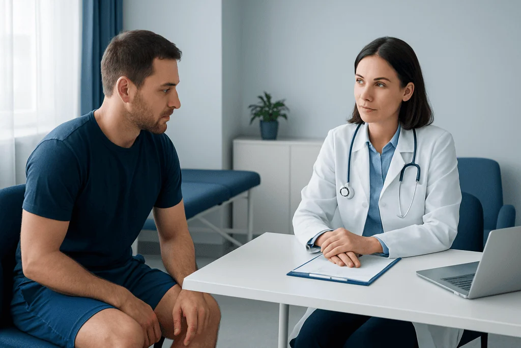 Doctor consulting with patient in a medical office setting.