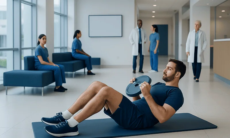 Patient doing sit-ups in a hospital corridor with medical staff nearby.