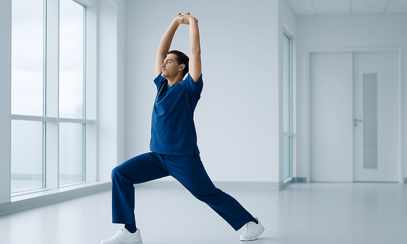 Male healthcare professional practicing yoga in a bright, modern clinic setting.