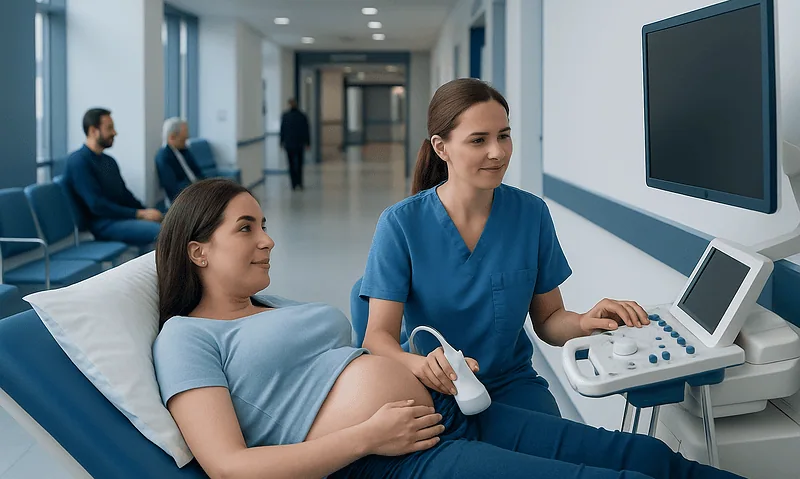 Pregnant woman undergoing ultrasound at Acibadem Hospital.