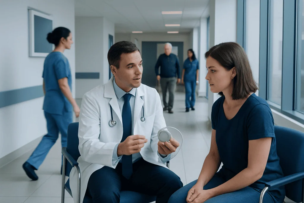 Baclofen Pump — Explained by Medical Evidence, Not Myths 1 Doctor consulting with patient in hospital corridor for Baclofen Pump treatment.