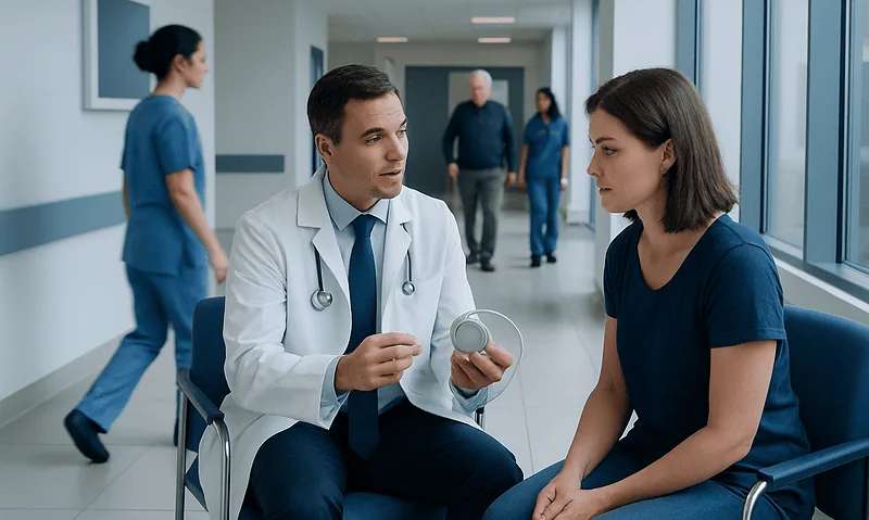 Doctor consulting with patient in hospital corridor for Baclofen Pump treatment.