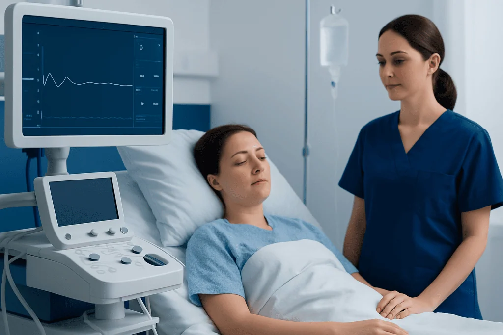 Patient in hospital bed with medical monitor and nurse beside her.