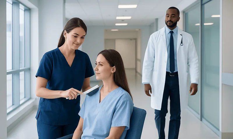 Healthcare professionals consulting with a patient in a hospital corridor.