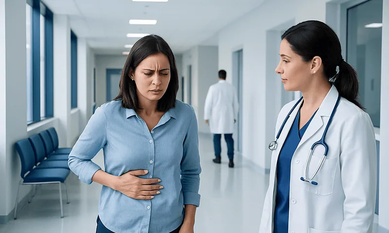 Woman experiencing upper abdominal pain in hospital corridor with doctor present.