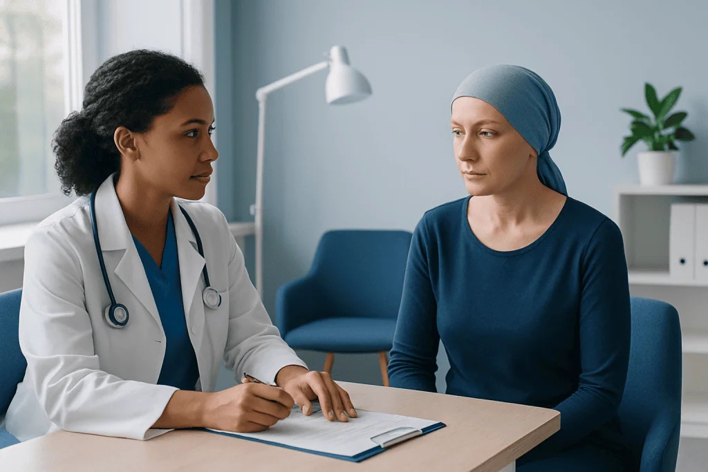 Doctor consulting a patient in a modern medical office setting.