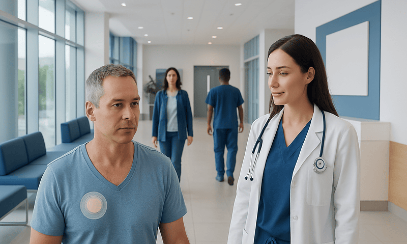Doctor consulting a patient in a hospital corridor with medical staff in background.