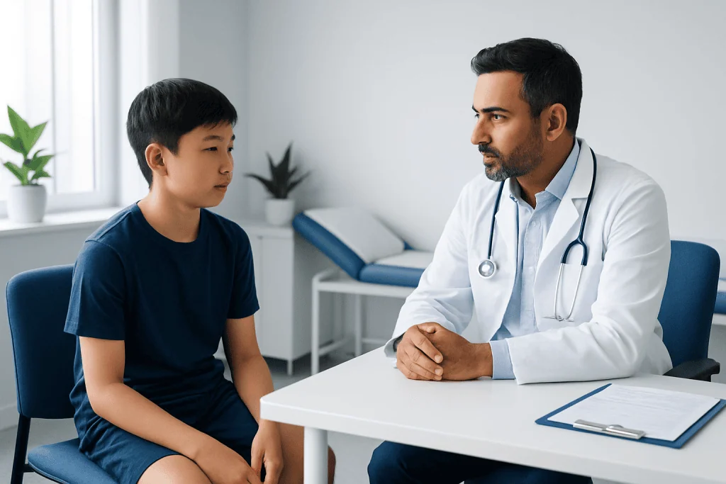 Doctor consulting young patient in a medical office setting.