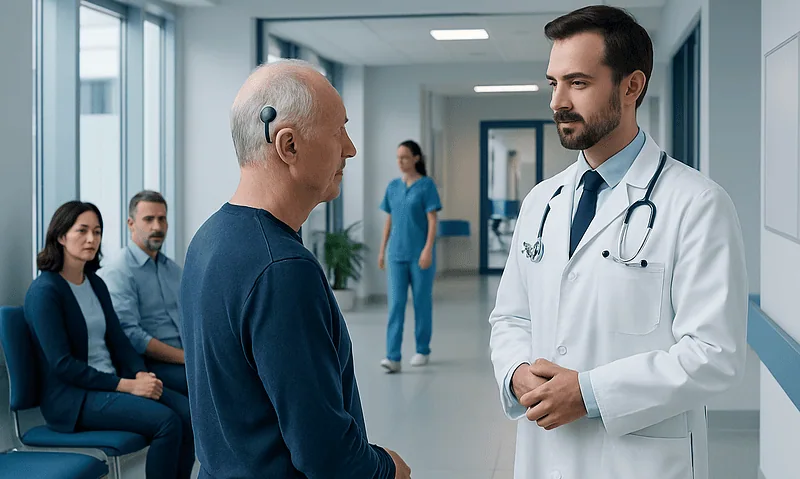Doctor consulting with elderly patient in hospital corridor.
