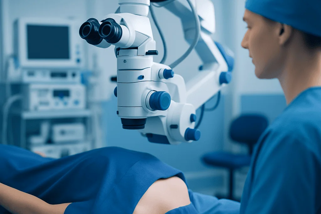 Surgeon using a microscope during a surgical procedure at Acibadem Hospital.