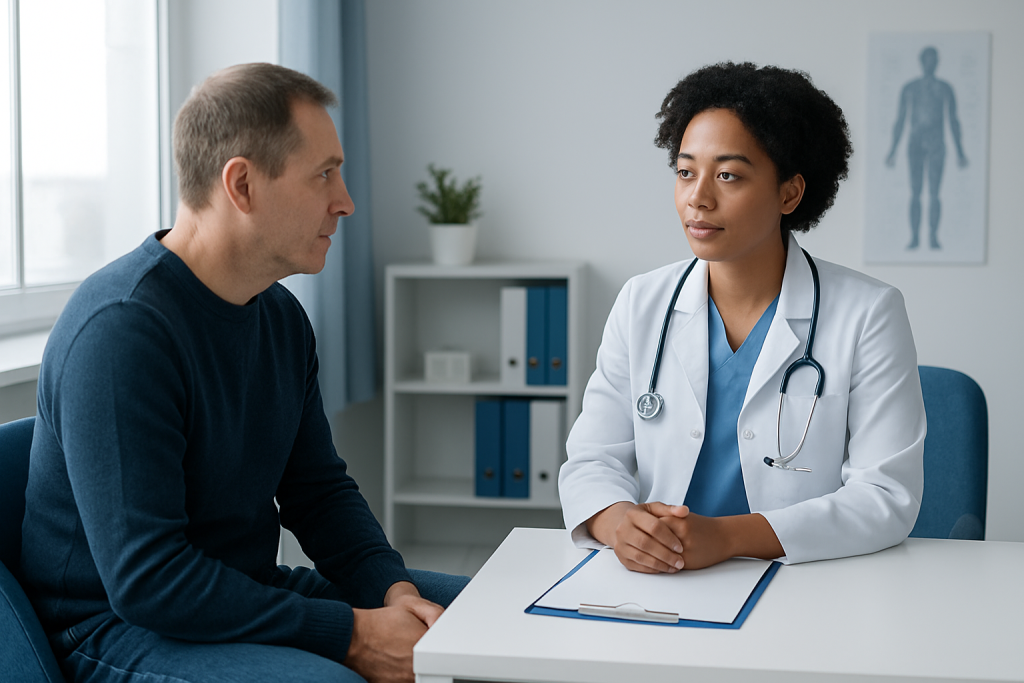 Doctor consulting with a patient in a modern medical office setting.