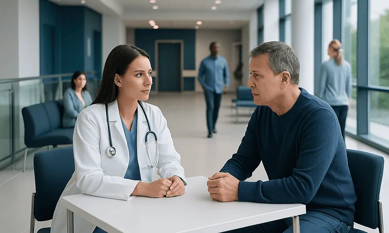 Doctor consulting with patient in hospital corridor for informed consent.