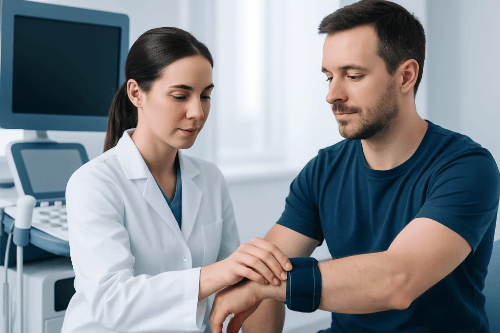 Doctor fitting a counterforce brace on a patient's arm for golfer's elbow treatment.