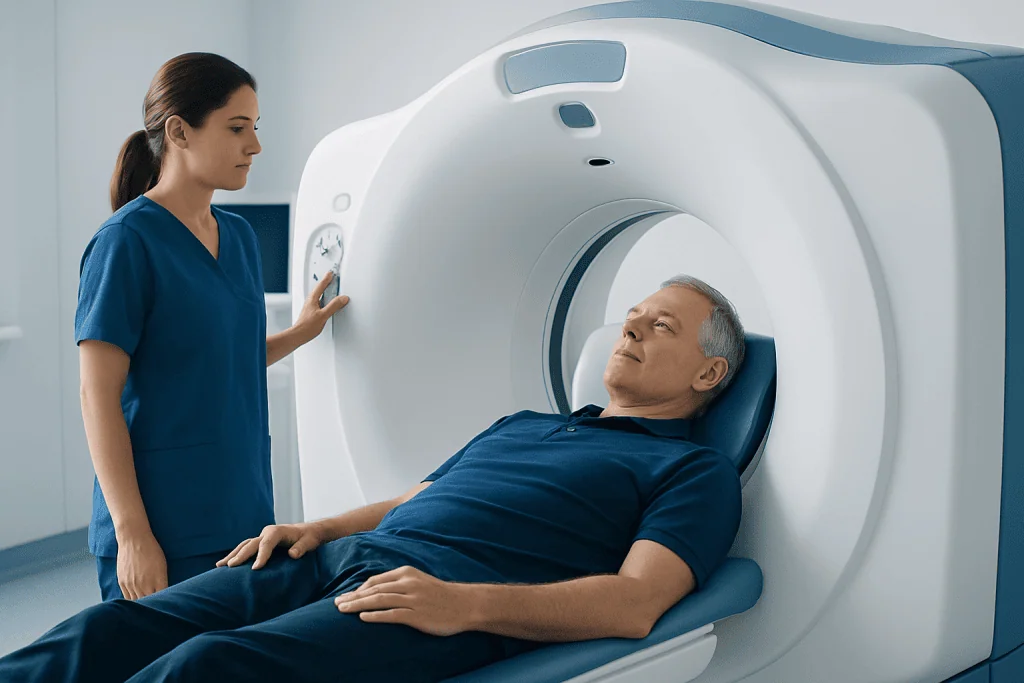 Patient undergoing a CT scan in a modern medical facility.