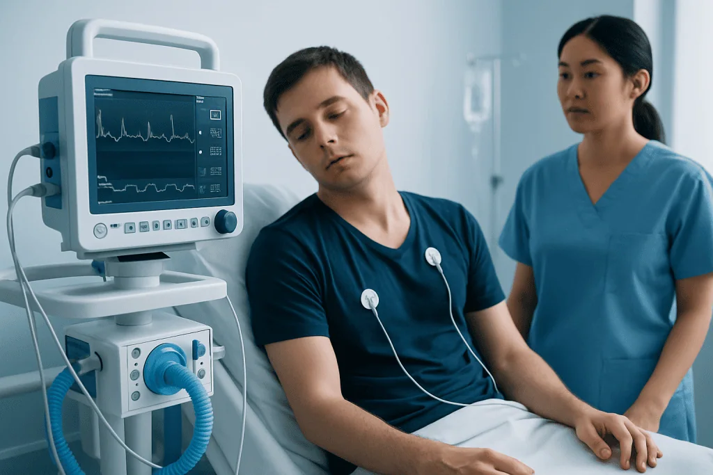 Patient undergoing cardiac monitoring in a hospital setting.
