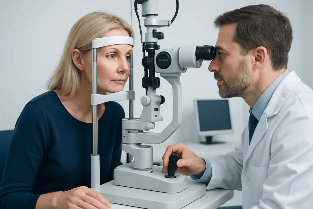 Optometrist performs eye examination using slit lamp on female patient.