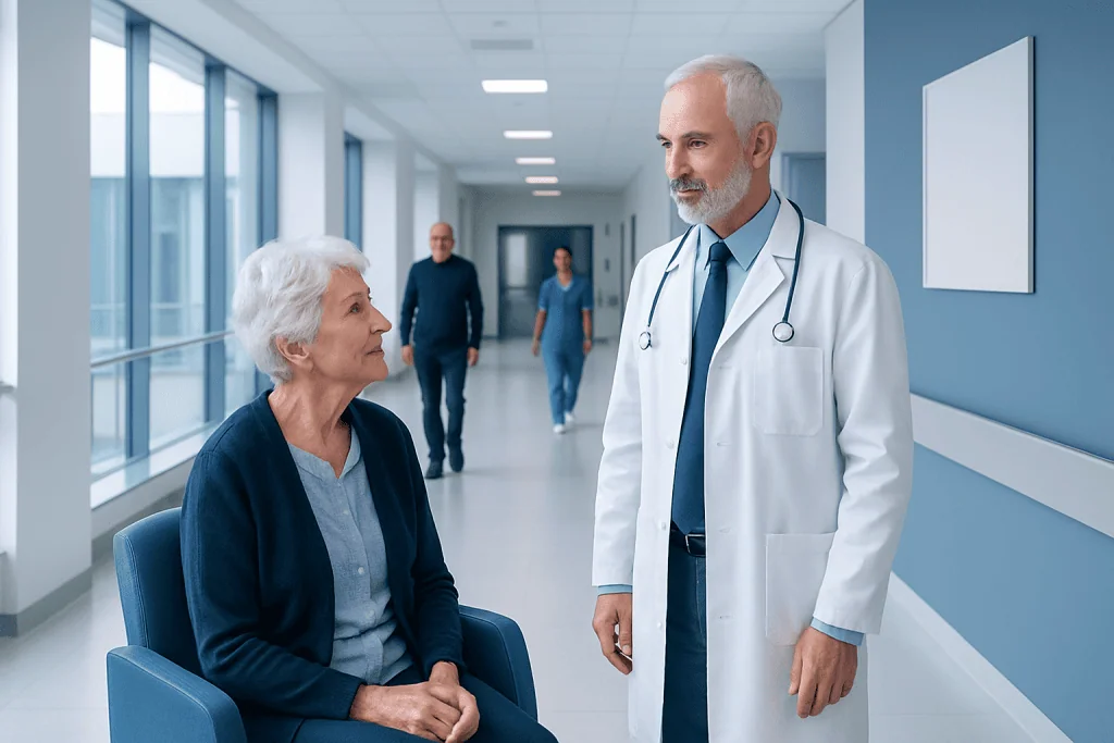 Gerontologist — Explained by Medical Evidence, Not Myths 1 Senior woman consulting with a doctor in a hospital corridor.