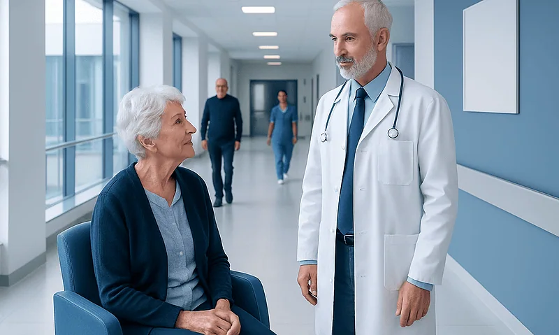 Senior woman consulting with a doctor in a hospital corridor.