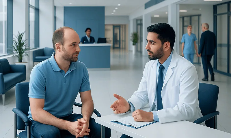 Patient consulting with doctor at Acibadem Hospital for hair transplant.