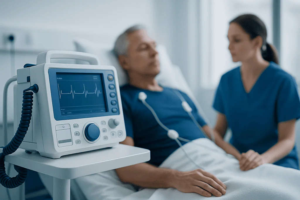 Patient undergoing cardiac monitoring in a hospital setting.