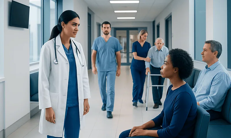 Healthcare professionals consulting with a patient in a hospital corridor.