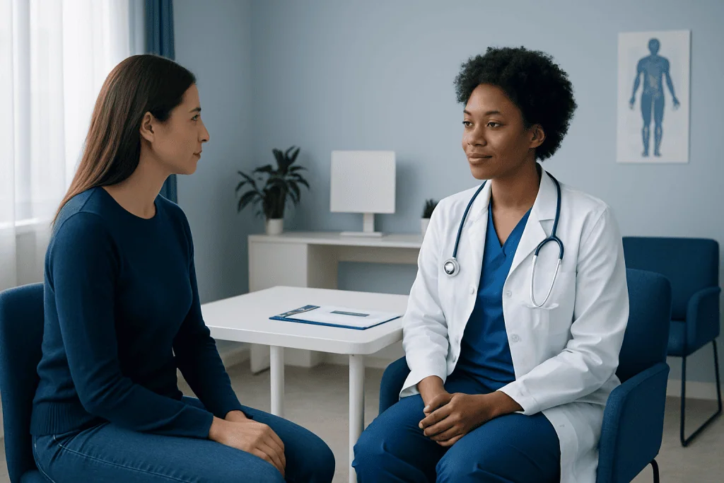Doctor consulting with patient in a medical office setting.