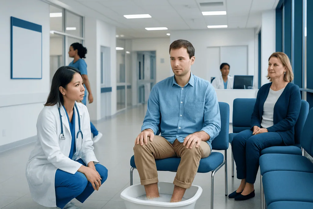 Hydrogen Peroxide Foot Soak — Explained by Medical Evidence, Not Myths 1 Patient's foot soaking in a medical foot bath at a hospital.