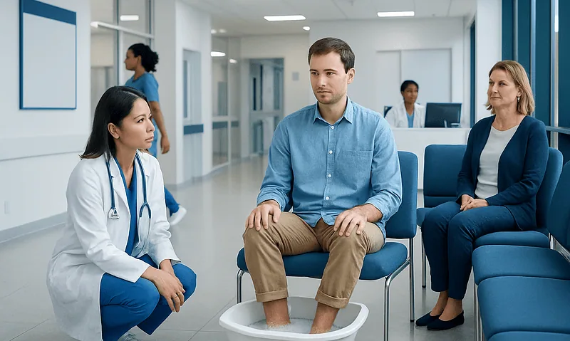 Hydrogen Peroxide Foot Soak — Explained by Medical Evidence, Not Myths 12 Patient's foot soaking in a medical foot bath at a hospital.