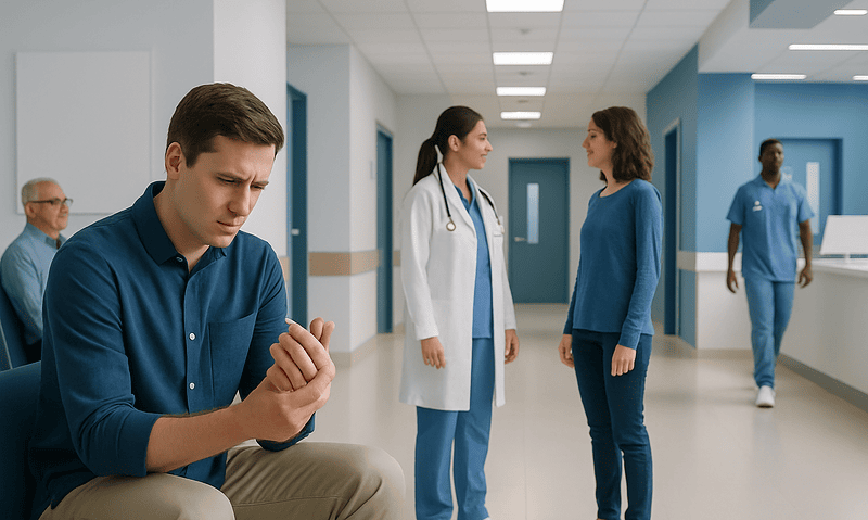 Young man experiencing wrist pain in hospital corridor with medical staff nearby.