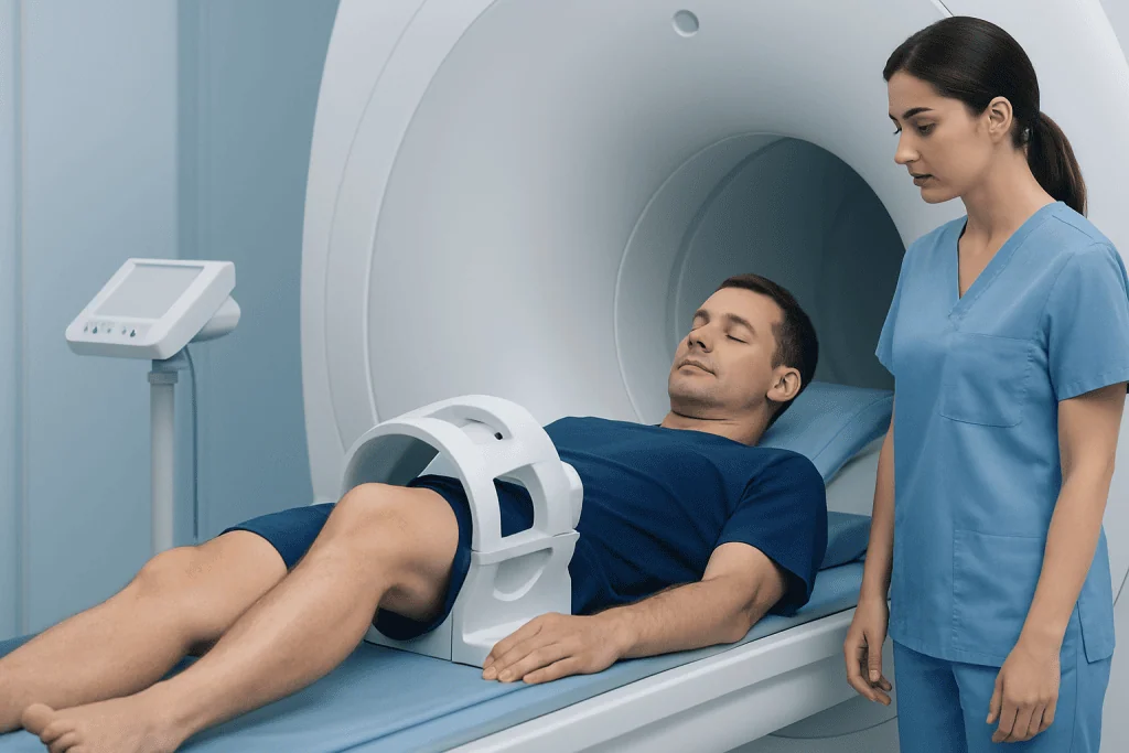 Patient undergoing knee MRI scan at Acibadem Hospital.