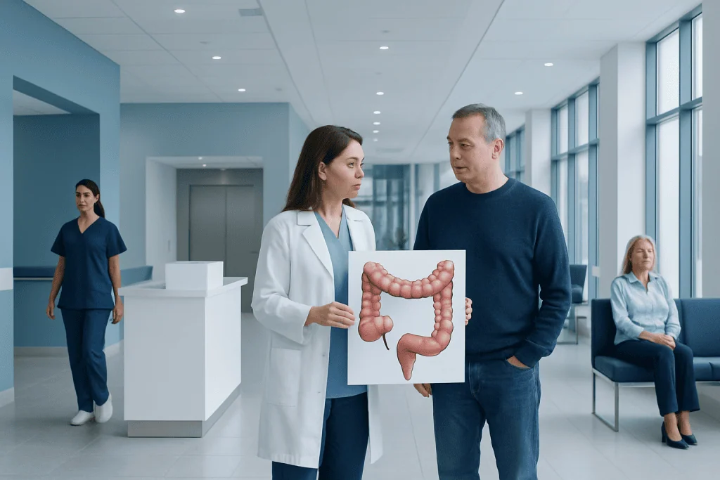 Large Intestinal Polyp — Explained by Medical Evidence, Not Myths 1 Doctor explaining colon anatomy to patient in hospital corridor.