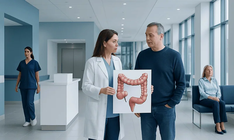 Doctor explaining colon anatomy to patient in hospital corridor.