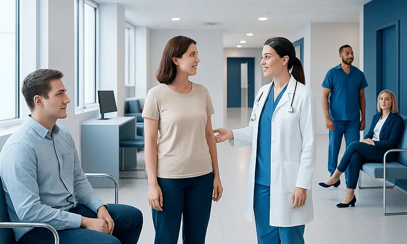 Medical consultation at Acibadem Hospital with doctor and patients.