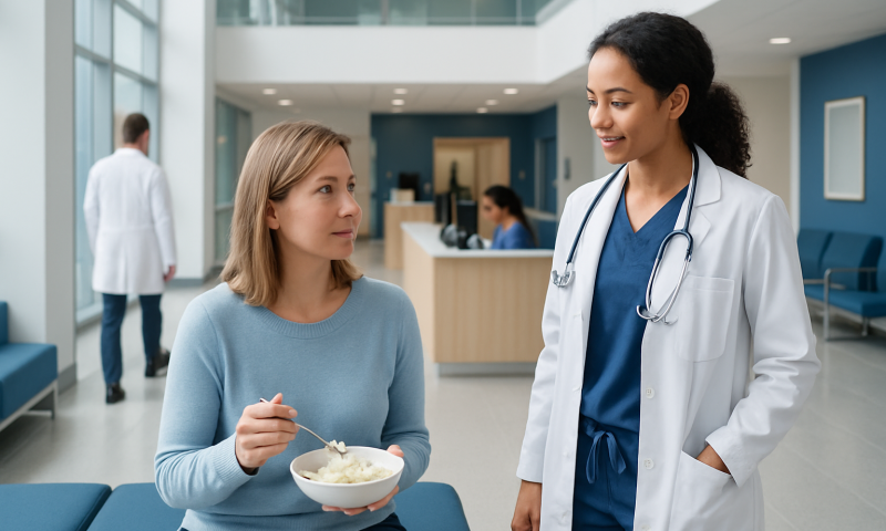 Patient talking to a healthcare professional in a hospital corridor.