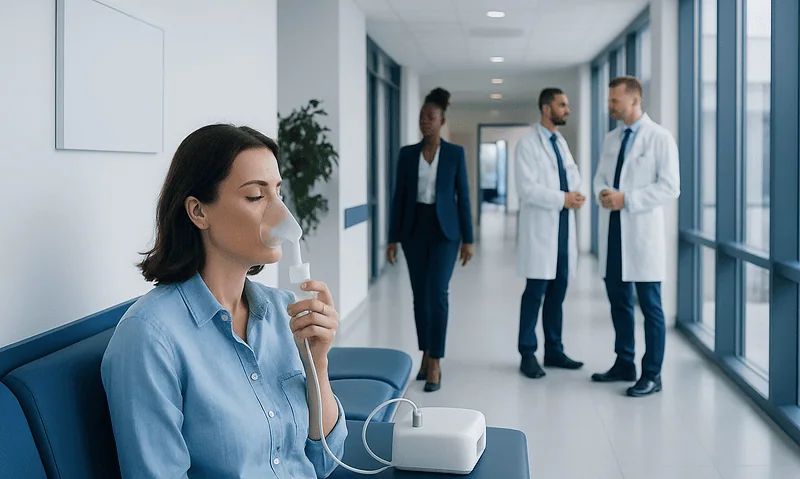 Patient using a nebulizer in a hospital corridor for respiratory treatment.