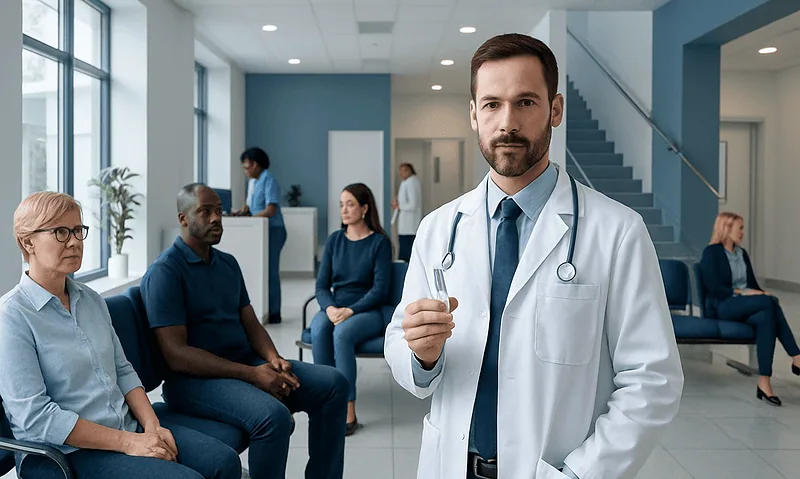 Doctor with stethoscope in hospital waiting area with patients.