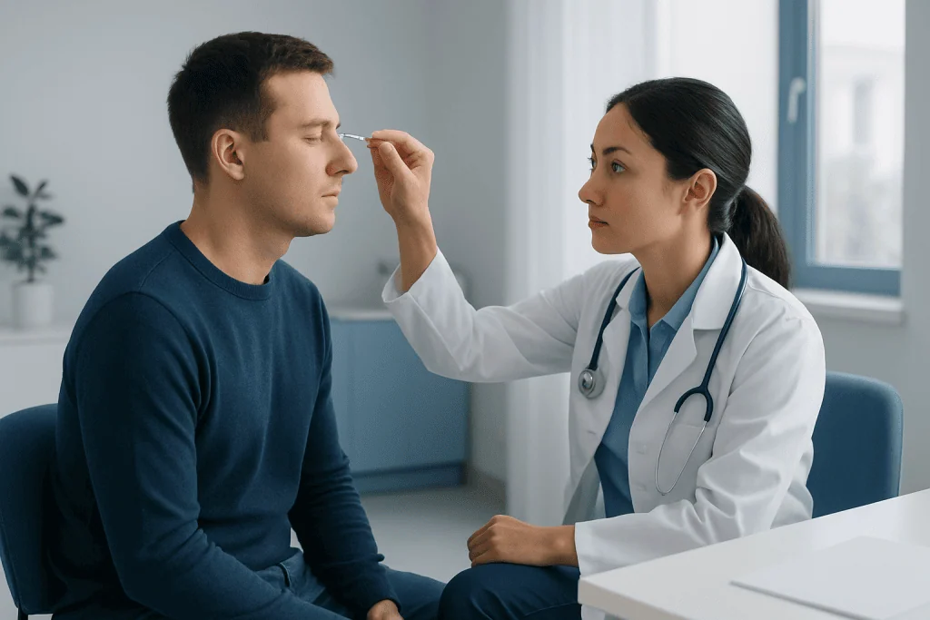 Doctor performing a corneal reflex test on a patient in a clinical setting.