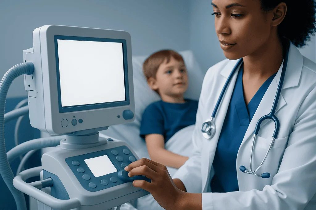 Pediatric doctor operating ultrasound machine with young patient in background.